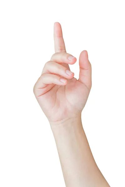 Vrouwelijke Hand Aanraken Wijst Naar Iets Geïsoleerd Witte Achtergrond — Stockfoto