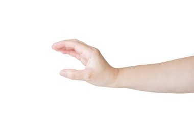 Beyaz arka planda izole edilmiş bir şey tutan kadın el hareketi