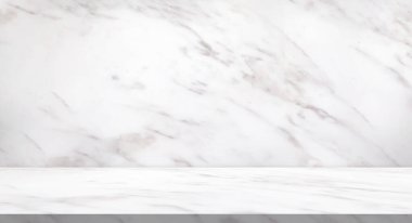 Mokup ürün görüntüleme şablonu için doğal duvar dokusu arka planına sahip beyaz mermer masa üstü