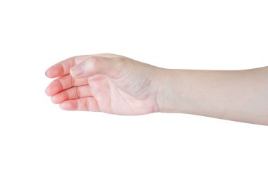 Kadın el hareketi beyaz arka planda izole edilmiş şişe gibi bir şey tutuyor.