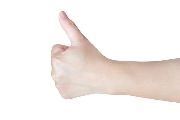白い背景に隔離された女性の手のジェスチャー親指アップサイン — ストック写真