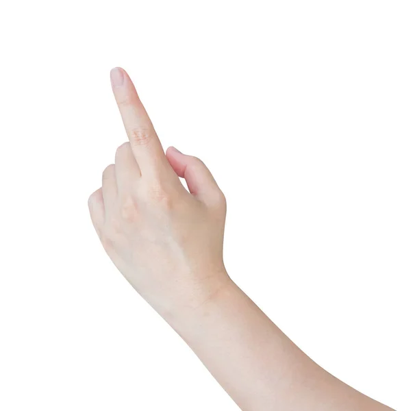 Weibliche Hand Die Etwas Isoliertes Auf Weißem Hintergrund Berührt Oder — Stockfoto