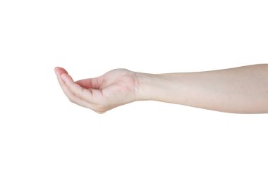 Beyaz arka planda izole edilmiş bir şeyi tutan açık el hareketi.