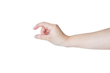 Beyaz arka planda izole edilmiş bir şey tutan kadın el hareketi
