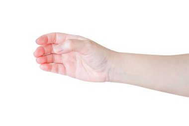 Kadın el hareketi beyaz arka planda izole edilmiş şişe gibi bir şey tutuyor.