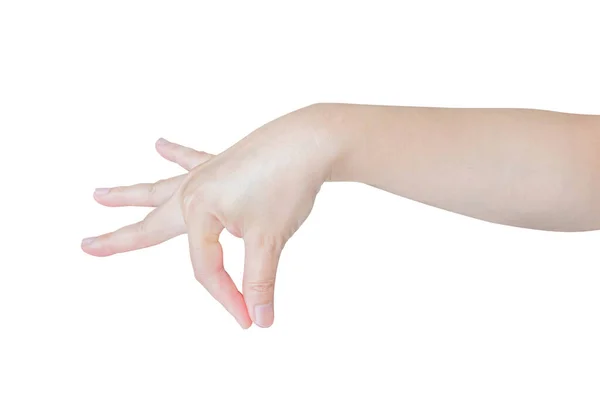 Gest Ręki Kobiety Trzymającej Coś Odizolowanego Białym Tle — Zdjęcie stockowe