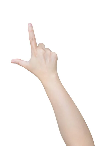 Female Hand Touching Pointing Something Isolated White Background — Stock Photo, Image