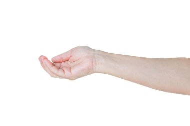 Beyaz arka planda izole edilmiş bir şeyi tutan açık el hareketi.