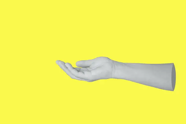 Woman hand gesture holding something isolated on yellow background
