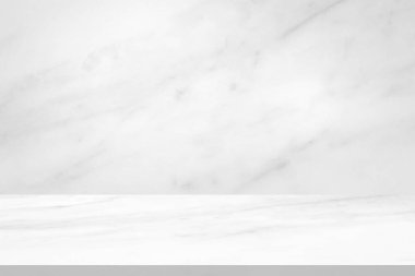 Mokup ürün görüntüleme şablonu için doğal duvar dokusu arka planına sahip beyaz mermer masa üstü