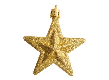 Beyaz arka planda izole edilmiş altın Noel yıldızı süsü.