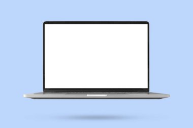 Boş ekranlı dizüstü bilgisayar mavi arkaplanda izole edildi