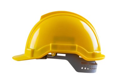 Sarı güvenlik miğferi beyaz arkaplanda izole edildi