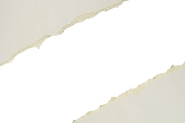 Gri yırtılmış kağıt kenarları beyaz arkaplanda izole edilmiş.