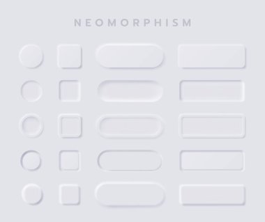 UI Web tasarımı veya Uygulama UI Tasarımı için Beyaz Düğme Neumorfizm tasarım elemanları vektör kümesi, Düğme ve Element.