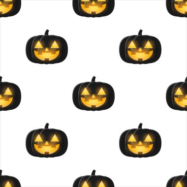 İçinde mum ışığı olan siyah Cadılar Bayramı balkabağı, kusursuz desenli arka plan..