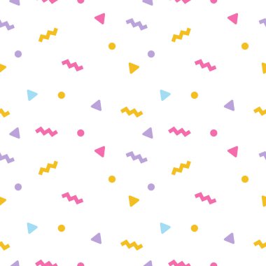 Renkli Memphis tasarımı beyaz arkaplanda kusursuz desen.