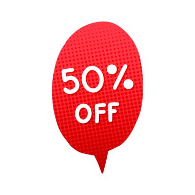 İndirimli kelimelerle kırmızı konuşma balonu, indirim etiketi, rozetler, etiket, vektör, illüstrasyon.
