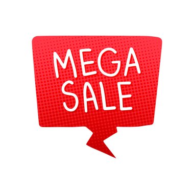 İndirimli kelimelerle kırmızı konuşma balonu, indirim etiketi, rozetler, etiket, vektör, illüstrasyon.