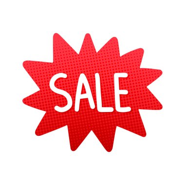 İndirimli kelimelerle kırmızı konuşma balonu, indirim etiketi, rozetler, etiket, vektör, illüstrasyon.