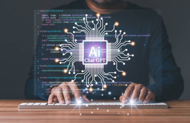 Ai chat GPT, programmer coding, compiler, encode, debug, and developer application software for business corporate with Ai Chat GPT. Man programming coding Ai Chat GPT app, code show virtual screen.