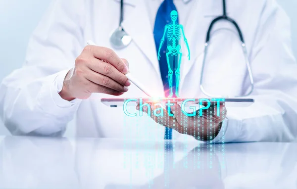 doctor man holds a tablet uses Chat GPT on virtual screen for checking disease in laboratory of hospital. virtual x-ray from Chat GPT shows analysis disease. physician do diagnostic infections with Ai
