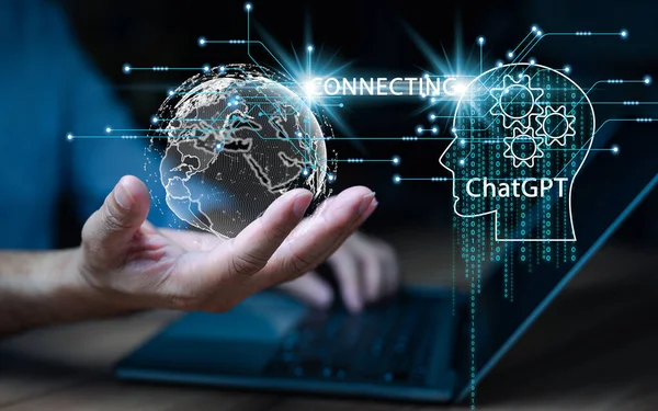 Ai connection to global cyber network to chat gpt concept. new technology in future can support all businesses to online in cyberspace. Ai, chatGPT is bot to smart and Hitech to communicate with human