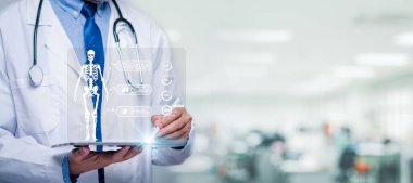 doctor man hold ai virtual screen lung for checking lung disease in laboratory of hospital. virtual x-ray lung shows respiratory disease. physician do diagnostic infection of lung with open Ai chatGPT