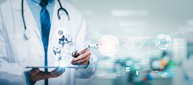 doctor man hold ai virtual screen lung for checking lung disease in laboratory of hospital. virtual x-ray lung shows respiratory disease. physician do diagnostic infection of lung with open Ai chatGPT