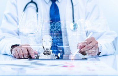 doctor man hold ai virtual screen lung for checking lung disease in laboratory of hospital. virtual x-ray lung shows respiratory disease. physician do diagnostic infection of lung with smart Ai tech