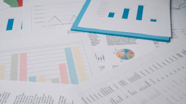 Muhasebe belgelerindeki çizelge, grafik ve istatistiksel analiz detaylı şemalar, evrak işleri ve odada kimse olmamasına rağmen analizlerin eksiksiz bir şekilde hazırlanmıştı.