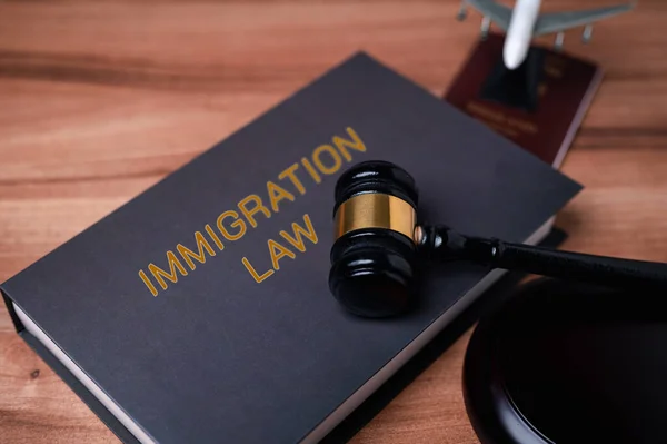 The gavel of justice was placed on the immigration law book in the immigration office, emphasizing the importance of the immigration law concept.