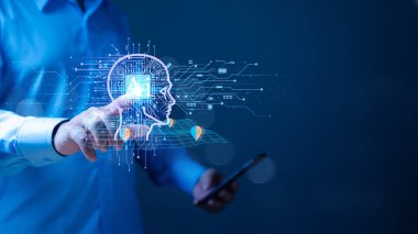 Bir iş adamı ekranda bir cep telefonu tutuyor ve ai 'ye dokunuyor. Teknoloji ve insan etkileşimi kavramı