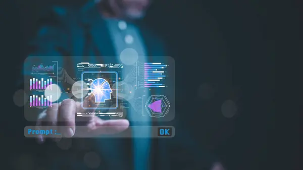 AI-Güçlü Veri Etkileşimi Akıllı Analizlerin Geleceği, Veri analizi ve etkileşimini geliştiren yapay zekanın kavrayışlı görsel temsili,