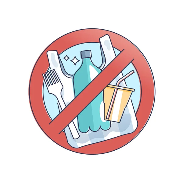 Powiedz Nie Plastikowym Torbom Butelkom Sztućcom Aby Zatrzymać Koncepcję Zarysu — Wektor stockowy