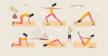Kegel egzersizleri pelvis tabanı sorununu önlemek için ayarlandı. Küçük insan konsepti. Tıbbi yoga ve fitness duruşu olan koleksiyon ve kadın idrar tutamama vektörü çizimleri için hareket örnekleri.
