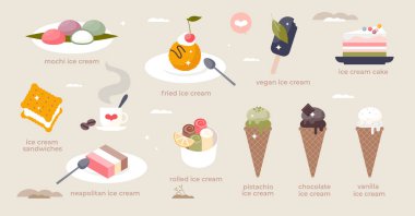Tatlı çeşitleri olan dondurma seti. Waffle 'dan pastaya küçük insan konsepti. Ferahlatıcı ve dondurulmuş sandviçler, mochi, Napolian, rulo ve kızarmış element vektör illüstrasyonlu koleksiyon.