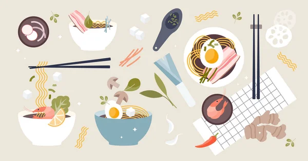 Ramen Soup Elements Food Sticks Bowls Ingredients Tiny Person Set — Stock Vector