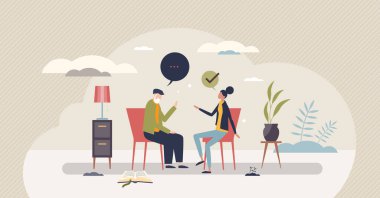 Sosyal hizmetler görevlisi, emeklilik konseptinde yaşlı bir adamla konuşuyor. İletişim ve vektör illüstrasyonunda zihinsel yardım. Tıp merkezinde iletişim ve sağlık kontrolü