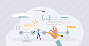 Kullanılabilirlik, hatalar veya hatalar için yazılım ya da web sayfası test ediliyor küçük insan konsepti. Fonksiyonel, güvenli ya da teknik analiz vektör illüstrasyonlu geliştirme aşaması. IT çalışanı kodlama performans kontrolü