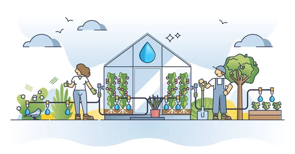 滴灌系统作为水或养分直接输送到根部的概念 植物水分的生态学方法和湿土壤病媒的说明 节约用水和有效利用资源 — 图库矢量图片