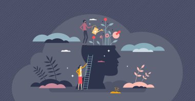 Gelişen zihin ve zihinsel zeka kendini geliştirme minik insan konsepti. Psikolojik oturum ve terapi desteği veya bilgi yeteneği yetiştirme, baş vektör illüstrasyonunda çiçekleri sulandıran bir özelliktir.