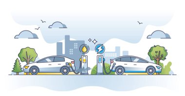 Benzin ve farklı enerji kaynakları olan elektrikli araba ana hatlarını kullanıyor. Fosil yakıt ve aküye karşı batarya, çevresel gelecekteki vektör ilülasyonu için ekolojik seçim olarak yüklenmiş otomobil..