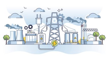 Elektrik endüstrisi ve voltaj üretim tesisi konsepti. Doğal fosil gazından, termal ve nükleer istasyon vektör illüstrasyonundan gelen enerji kaynağı. Transformer kuleleri mühendisliği.