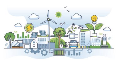 Yeşil dağıtılmış enerji taslak kavramına sahip sürdürülebilir kentsel toplum. Akıllı elektrik, şimşek ve altyapı kullanım vektörü illüstrasyonuna sahip ekolojik temiz ve çevresel şehir.