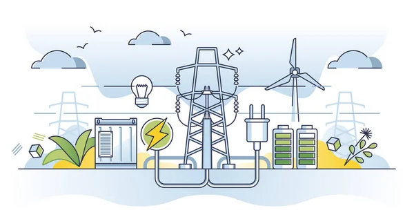 Elkraftverk Med Ett Koncept För Grön Energiförsörjning Med Vindkraftverk Solpaneler — Stock vektor
