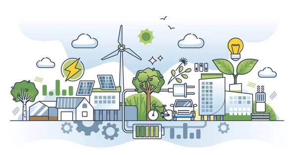 緑の分散型エネルギー概念を持つ持続可能な都市コミュニティ スマート電気 雷とそれのインフラ使用ベクトル図と生態系のクリーンと環境都市 — ストックベクタ