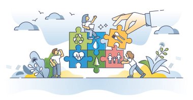 İş stratejisi konsepti için SDG veya sürdürülebilir kalkınma hedefleri. Şirket veya organizasyon vektör illüstrasyonu için çevresel sorumluluk. Sosyal problem çözme kombinasyon bulmacası.