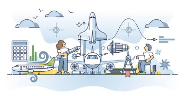 Uzay mühendisliği ve havacılık bilgisi uzmanlık alanı ana hatları. Uçak, uzay mekiği veya jet türbinleri için teknik eğitim performans vektör illüstrasyonudur. Mekanik iş mesleği.