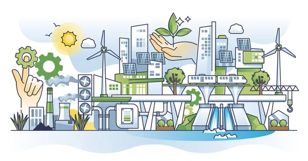 持続可能なEu政策プログラムの概念と緑の新しい取引解決 再生可能エネルギーの使用量 Co2回収または自然環境に優しい都市環境ベクトル図 生態学的合意 — ストックベクタ